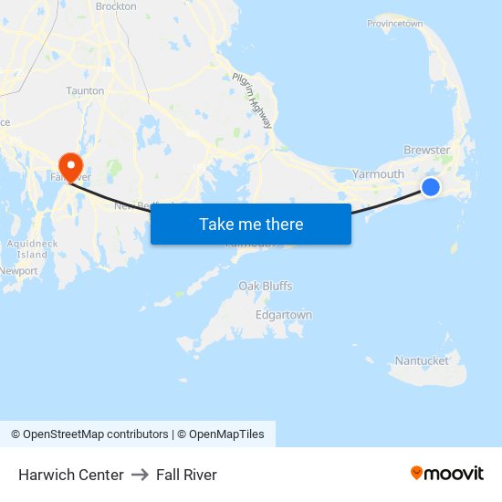 Harwich Center to Fall River map
