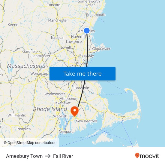 Amesbury Town to Fall River map
