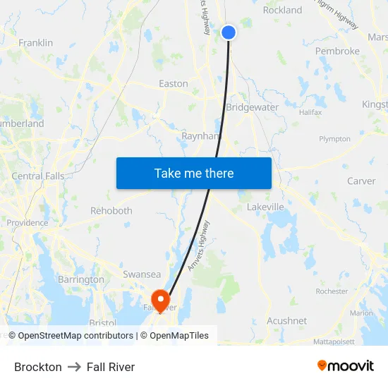 Brockton to Fall River map