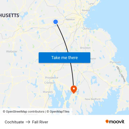 Cochituate to Fall River map