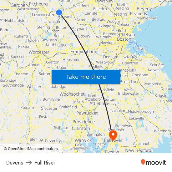 Devens to Fall River map