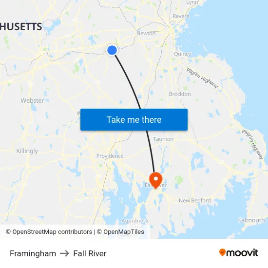 Framingham to Fall River map