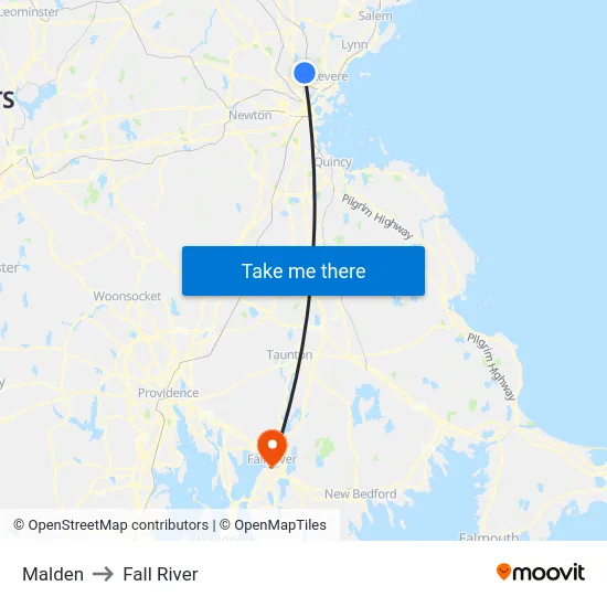 Malden to Fall River map