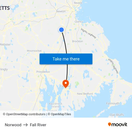 Norwood to Fall River map