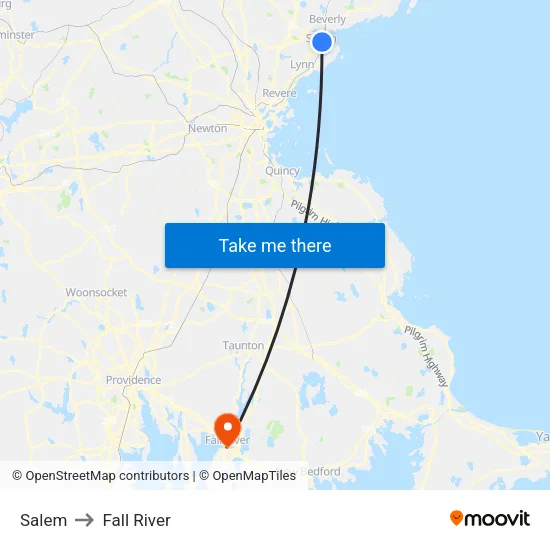 Salem to Fall River map