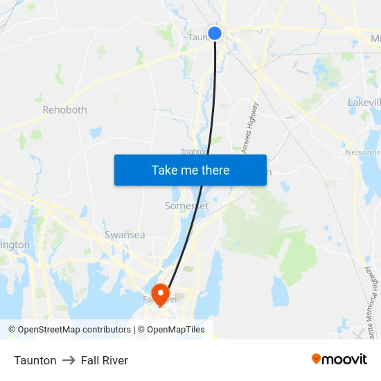 Taunton to Fall River map