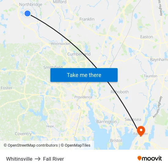 Whitinsville to Fall River map