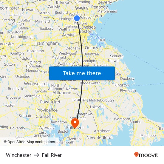 Winchester to Fall River map