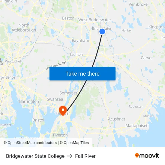 Bridgewater State College to Fall River map