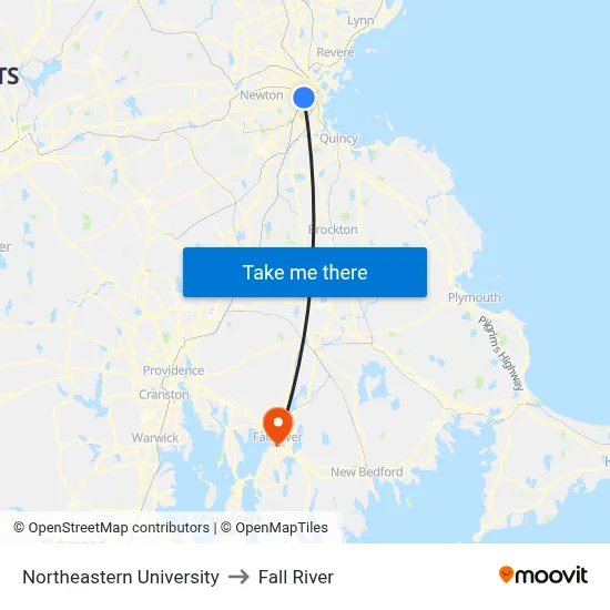Northeastern University to Fall River map