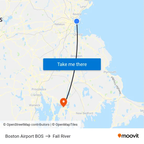 Boston Airport BOS to Fall River map