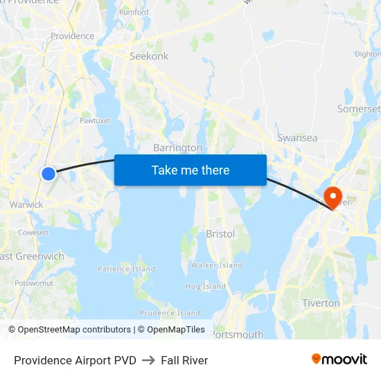 Providence Airport PVD to Fall River map