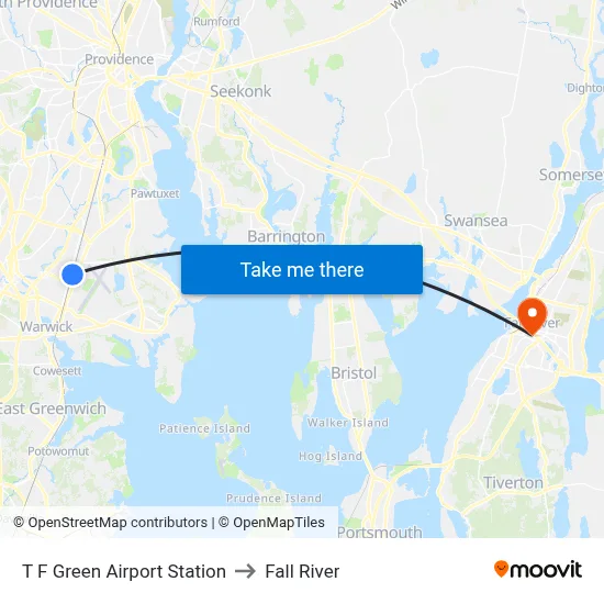 T F Green Airport Station to Fall River map