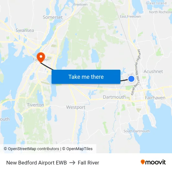 New Bedford Airport EWB to Fall River map