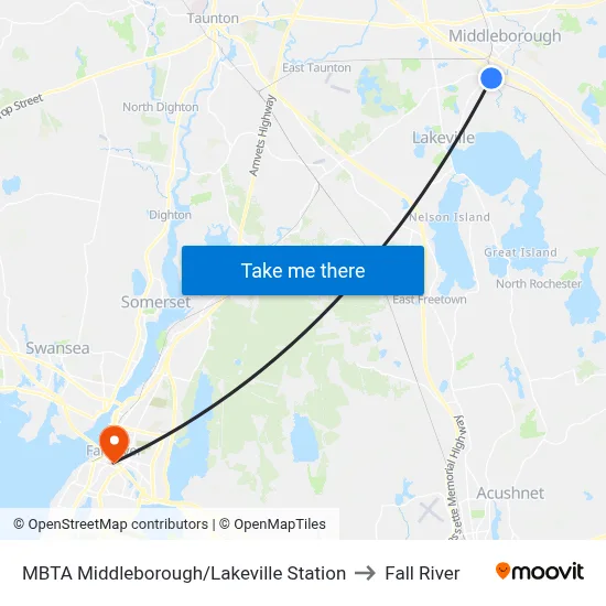 MBTA Middleborough/Lakeville Station to Fall River map