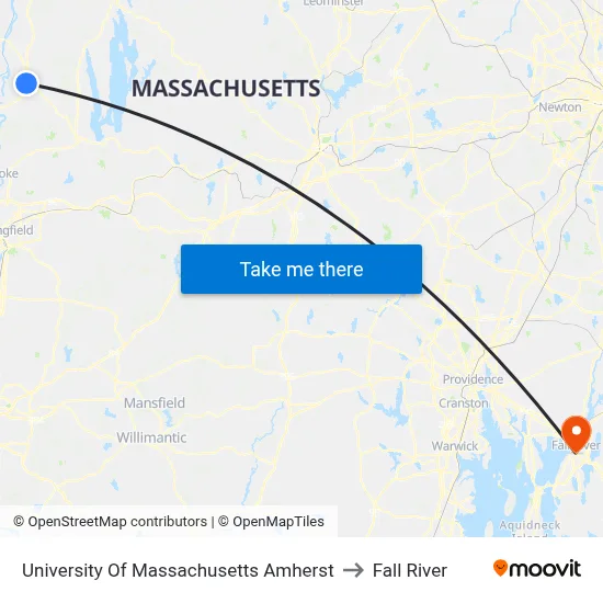 University Of Massachusetts Amherst to Fall River map