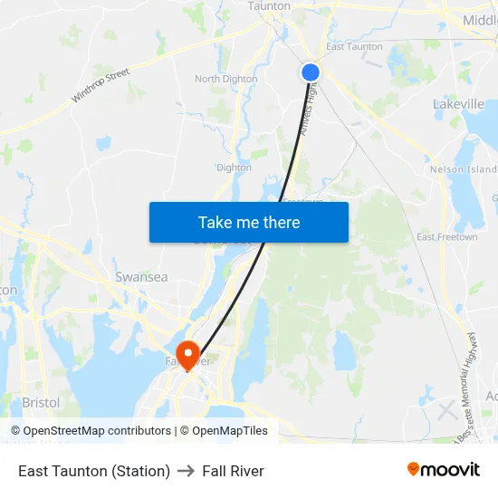 East Taunton (Station) to Fall River map