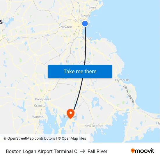 Boston Logan Airport Terminal C to Fall River map