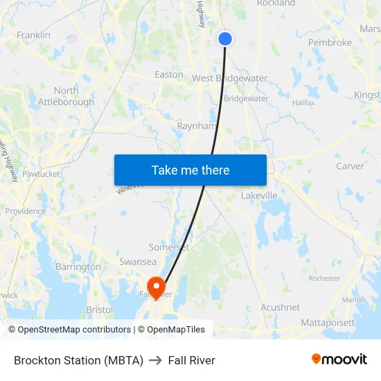 Brockton Station (MBTA) to Fall River map