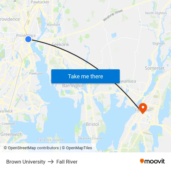 Brown University to Fall River map