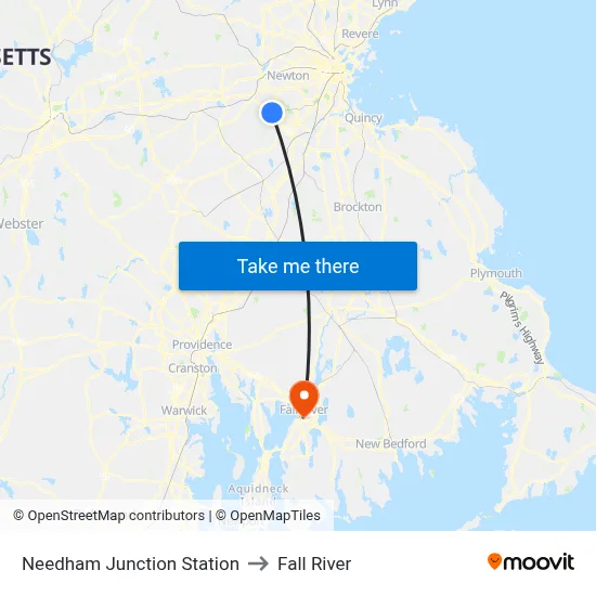 Needham Junction Station to Fall River map