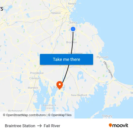 Braintree Station to Fall River map