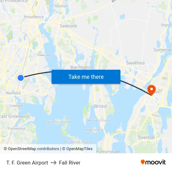 T. F. Green Airport to Fall River map