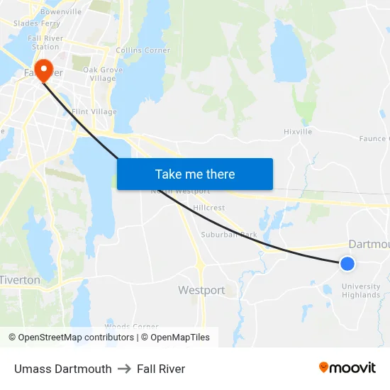 Umass Dartmouth to Fall River map