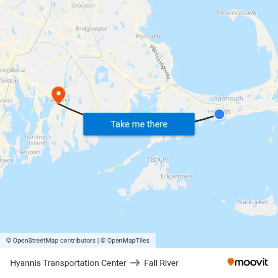 Hyannis Transportation Center to Fall River map