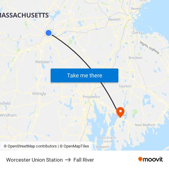 Worcester Union Station to Fall River map