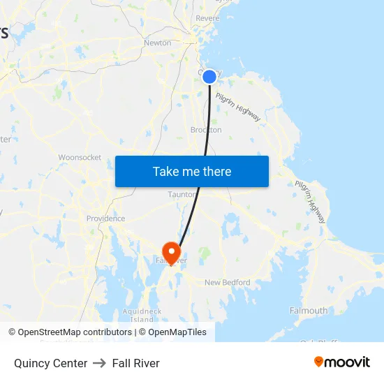 Quincy Center to Fall River map