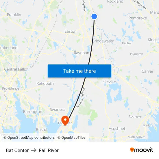 Bat Center to Fall River map