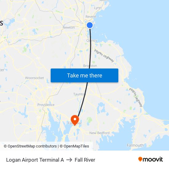 Logan Airport Terminal A to Fall River map