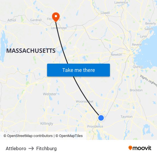 Attleboro to Fitchburg map