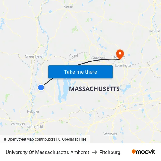 University Of Massachusetts Amherst to Fitchburg map