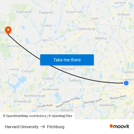 Harvard University to Fitchburg map