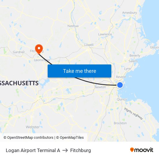Logan Airport Terminal A to Fitchburg map