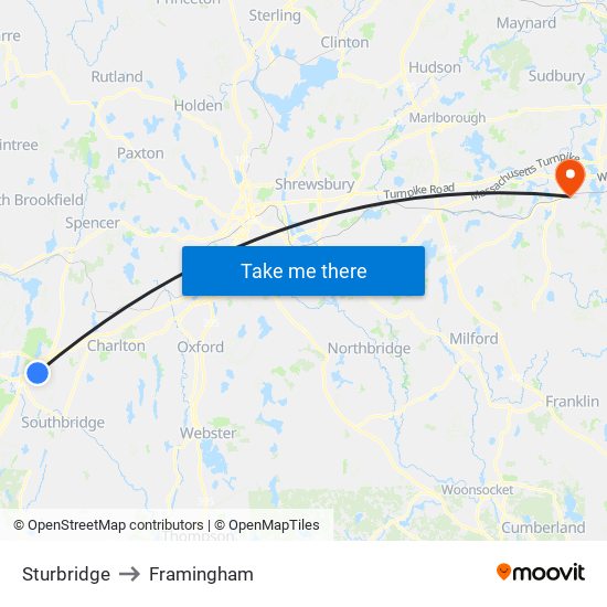 Sturbridge to Framingham map