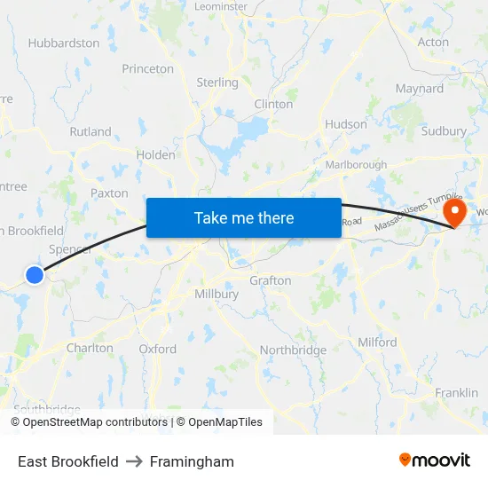 East Brookfield to Framingham map
