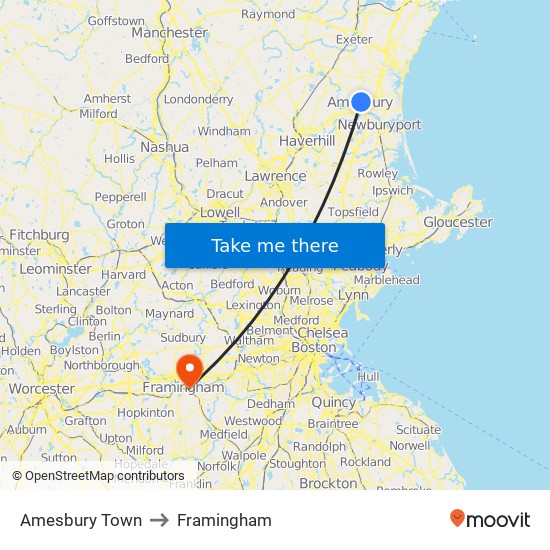 Amesbury Town to Framingham map