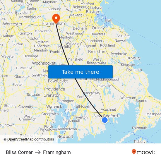 Bliss Corner to Framingham map