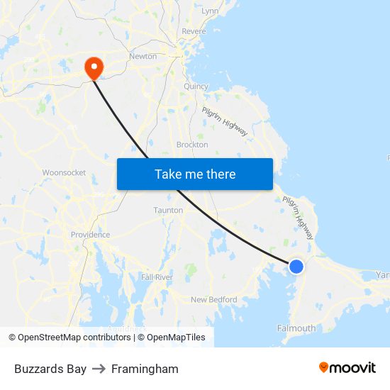 Buzzards Bay to Framingham map