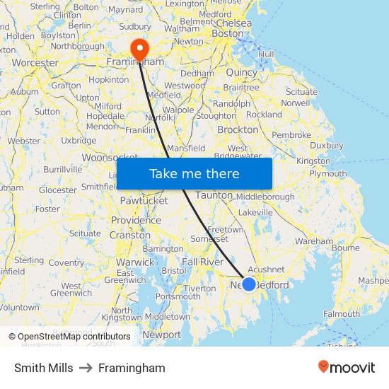 Smith Mills to Framingham map