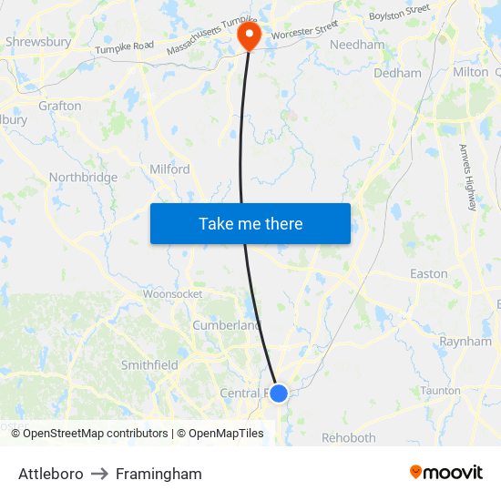 Attleboro to Framingham map