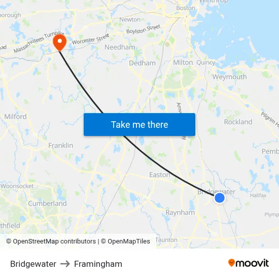 Bridgewater to Framingham map