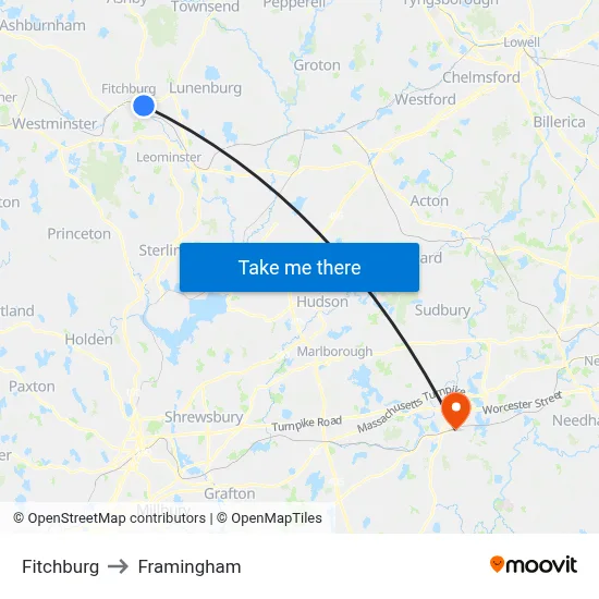 Fitchburg to Framingham map