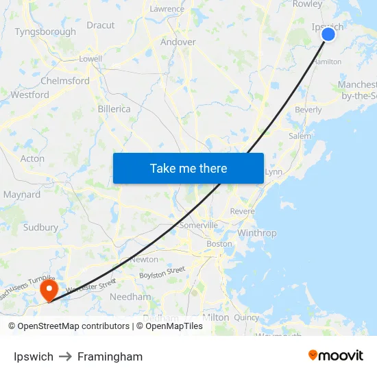Ipswich to Framingham map