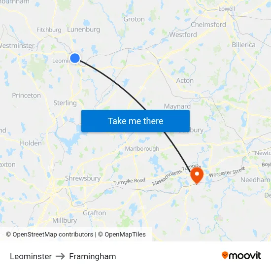 Leominster to Framingham map