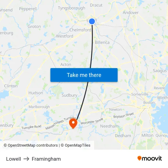 Lowell to Framingham map