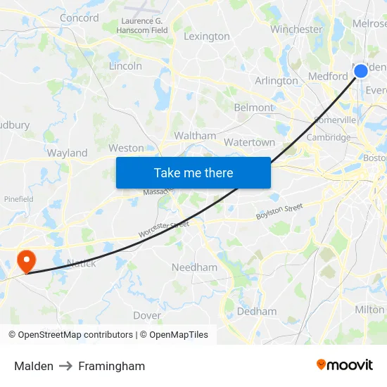 Malden to Framingham map